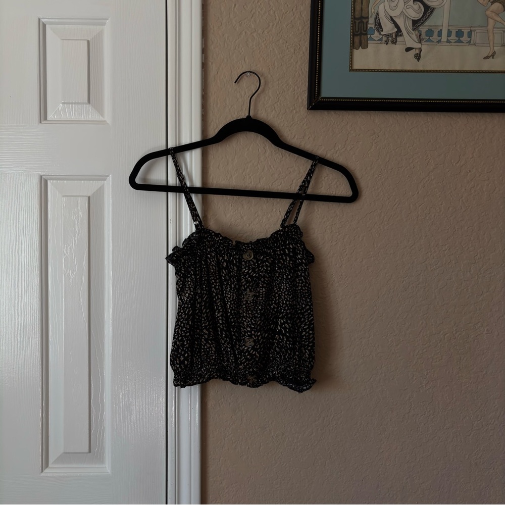 Black and Brown Speckled Spot Printed Crop Top with Rustic Button Detail